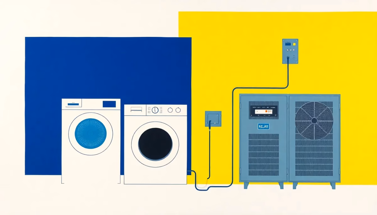 Suprematist abstract painting in the style of Kazimir Malevich featuring a household tumble dryer, an electric oven and a heat pump connected to an old electrical panel with circuit breakers. Minimalist composition of bold navy blue and vibrant yellow geometric shapes on a stark white background. Flat textures, sharp edges, avant-garde electrical concept, no humans, no text, no text overlay.