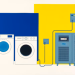 Suprematist abstract painting in the style of Kazimir Malevich featuring a household tumble dryer, an electric oven and a heat pump connected to an old electrical panel with circuit breakers. Minimalist composition of bold navy blue and vibrant yellow geometric shapes on a stark white background. Flat textures, sharp edges, avant-garde electrical concept, no humans, no text, no text overlay.