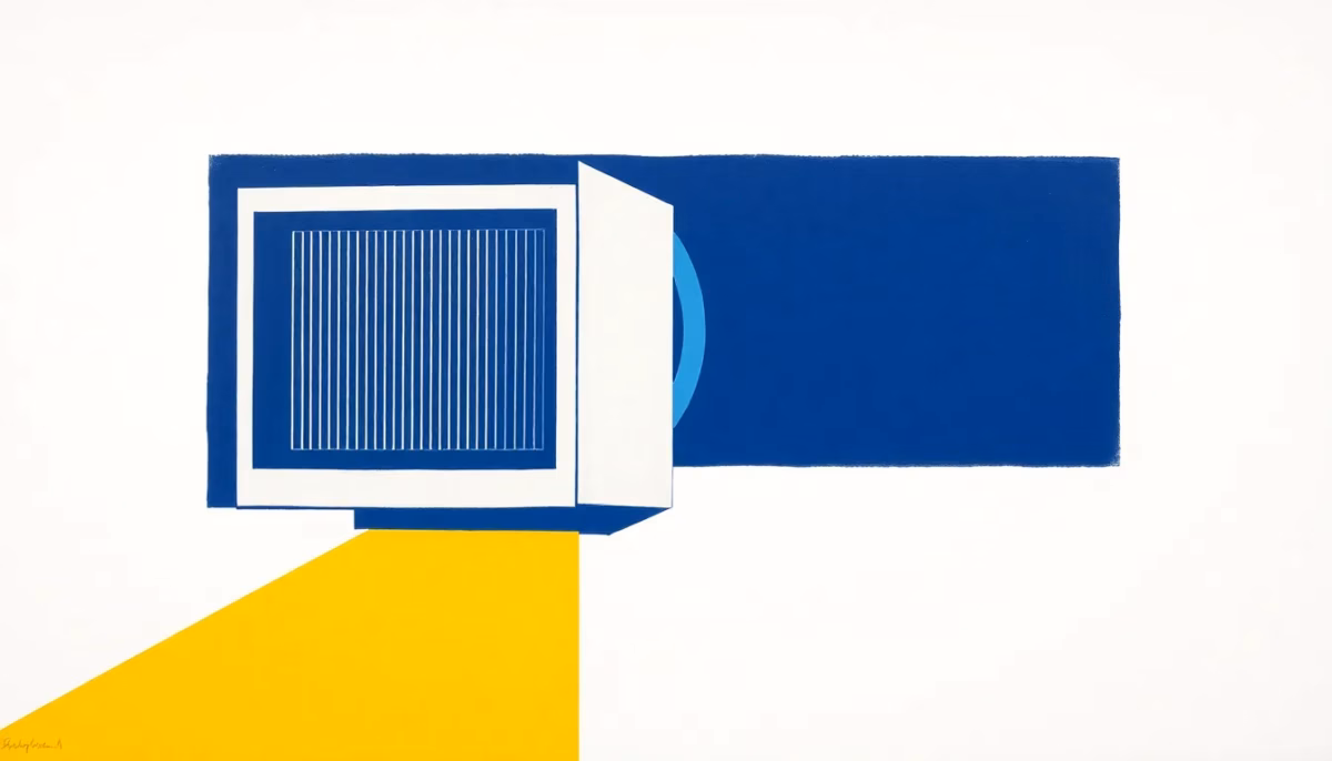 Suprematist abstract painting in the style of Kazimir Malevich featuring a stylized ventilation duct with an extraction grille and radiating sound waves. Minimalist composition of bold navy blue and vibrant yellow geometric shapes on a stark white background. Flat textures, sharp edges, avant-garde electrical concept. No humans, no text.