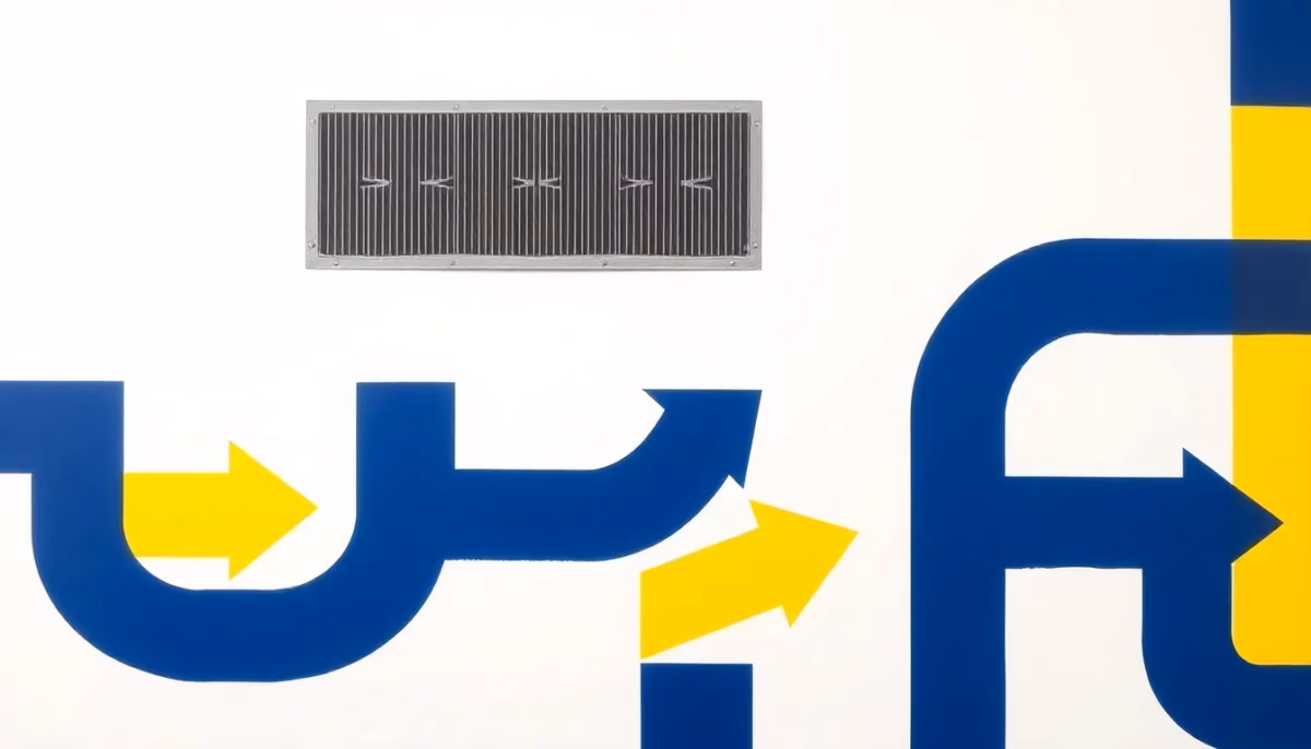 Suprematist abstract painting in the style of Kazimir Malevich depicting a heat recovery ventilation unit with branching air ducts and opposing warm and cold airflow arrows. Minimalist composition of bold navy blue and vibrant yellow geometric shapes on a stark white background. Flat textures, sharp edges, avant-garde electrical concept. No humans, no text overlay.
