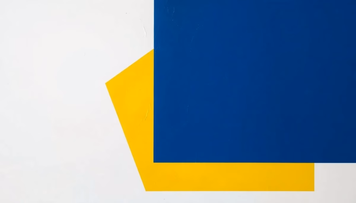 Suprematist abstract painting by Kazimir Malevich featuring a stalled home ventilation unit with stagnant airflow and rising humidity waves. Minimalist composition of bold navy blue and vibrant yellow geometric shapes on a stark white background. Flat textures, sharp edges, avant-garde electrical concept. No humans, no text, no text overlay.