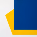 Suprematist abstract painting by Kazimir Malevich featuring a stalled home ventilation unit with stagnant airflow and rising humidity waves. Minimalist composition of bold navy blue and vibrant yellow geometric shapes on a stark white background. Flat textures, sharp edges, avant-garde electrical concept. No humans, no text, no text overlay.