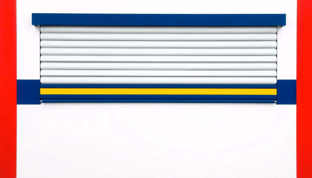 Suprematist abstract painting in the style of Kazimir Malevich featuring a partially lowered roller shutter, its slats rendered as bold horizontal geometric bars. Minimalist composition of bold navy blue and vibrant yellow geometric shapes on a stark white background. Flat textures, sharp edges, avant-garde electrical concept. No humans, no text overlay.