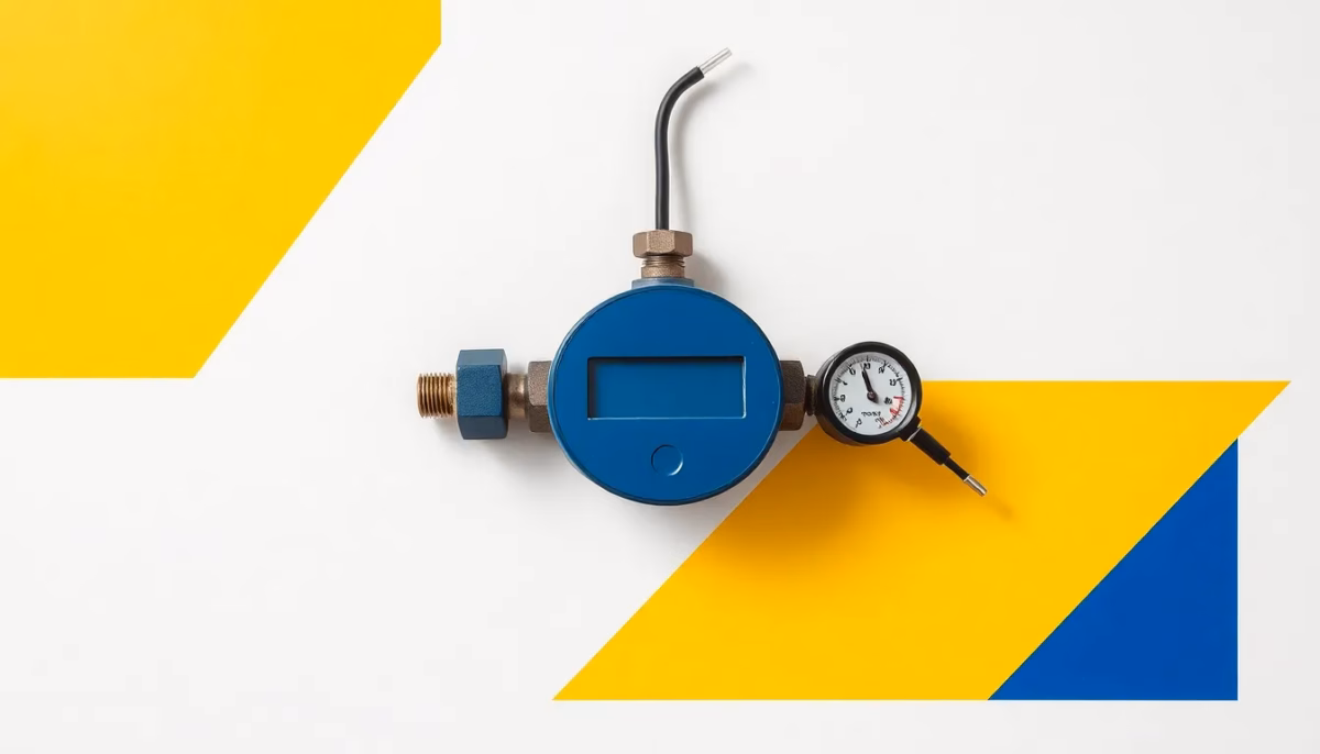 Suprematist abstract painting inspired by Kazimir Malevich, featuring a water softener control valve with a blank electronic display and a voltmeter probe touching its terminals. Minimalist composition of bold navy blue and vibrant yellow geometric shapes on a stark white background. Flat textures, sharp edges, avant-garde electrical concept. No humans, no text, no lettering, no overlay.