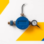 Suprematist abstract painting inspired by Kazimir Malevich, featuring a water softener control valve with a blank electronic display and a voltmeter probe touching its terminals. Minimalist composition of bold navy blue and vibrant yellow geometric shapes on a stark white background. Flat textures, sharp edges, avant-garde electrical concept. No humans, no text, no lettering, no overlay.