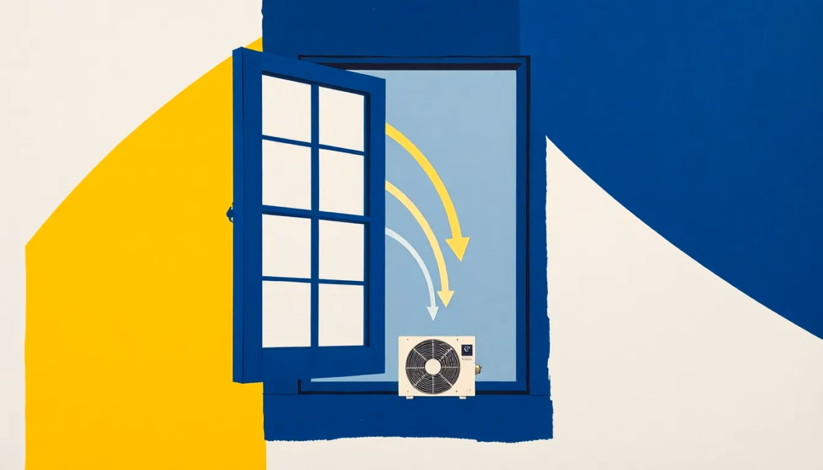Suprematist abstract painting by Kazimir Malevich featuring an open window of an old Norman half-timbered house with airflow arrows and a compact ventilation unit. Minimalist composition of bold navy blue and vibrant yellow geometric shapes on a stark white background. Flat textures, sharp edges, avant-garde electrical concept. No humans, no text overlay.