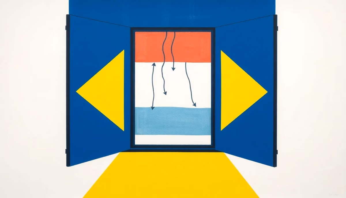 Suprematist abstract painting by Kazimir Malevich featuring an open window of a winter house with crossing arrows of airflow between two rooms. Minimalist composition of bold navy blue and vibrant yellow geometric shapes on a stark white background. Flat textures, sharp edges, avant-garde electrical concept. No humans, no text.