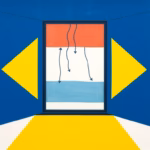 Suprematist abstract painting by Kazimir Malevich featuring an open window of a winter house with crossing arrows of airflow between two rooms. Minimalist composition of bold navy blue and vibrant yellow geometric shapes on a stark white background. Flat textures, sharp edges, avant-garde electrical concept. No humans, no text.