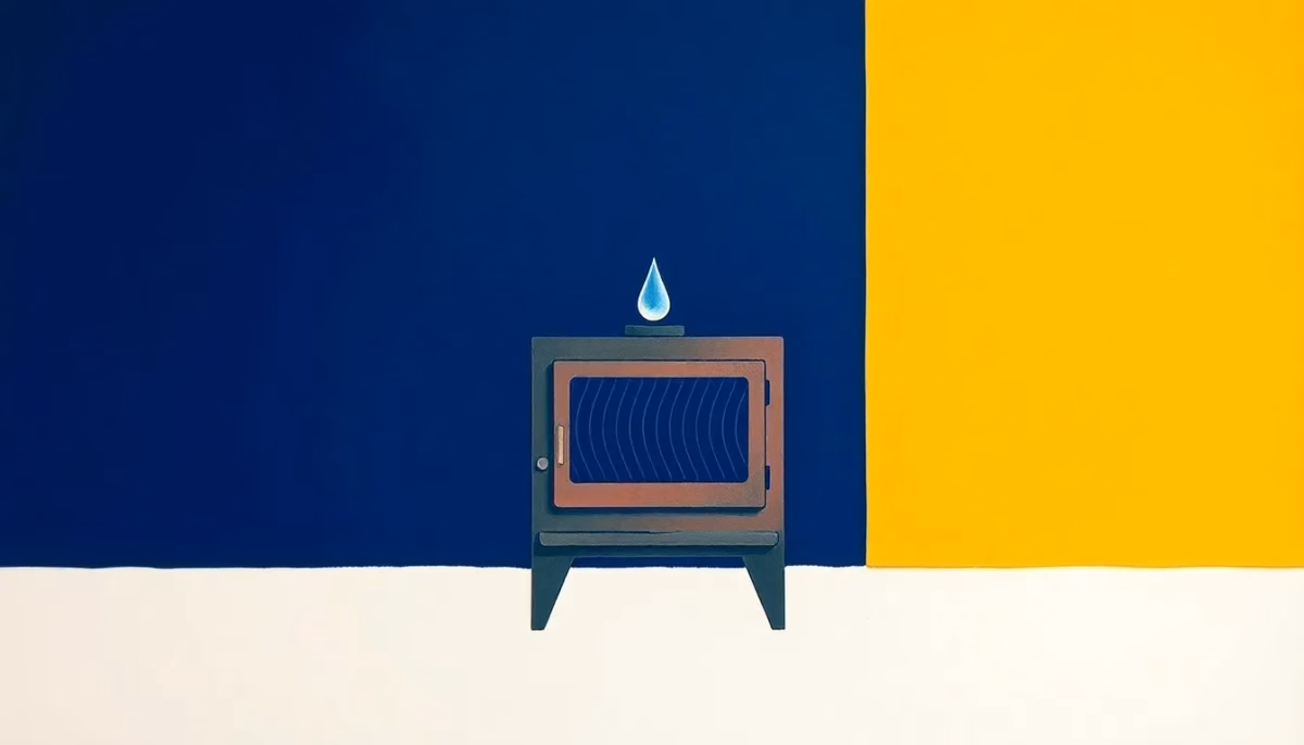 Suprematist abstract painting in the style of Kazimir Malevich, featuring a cast-iron wood stove radiating stylised heat waves, balanced by a single suspended water droplet. Minimalist composition of bold navy blue and vibrant yellow geometric shapes on a stark white background. Flat textures, sharp edges, avant-garde electrical concept. No humans, no text, no lettering, no watermark, no signature.