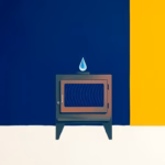 Suprematist abstract painting in the style of Kazimir Malevich, featuring a cast-iron wood stove radiating stylised heat waves, balanced by a single suspended water droplet. Minimalist composition of bold navy blue and vibrant yellow geometric shapes on a stark white background. Flat textures, sharp edges, avant-garde electrical concept. No humans, no text, no lettering, no watermark, no signature.