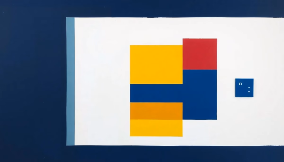 Suprematist abstract painting by Kazimir Malevich featuring a wireless motion detector and a silent alarm keypad in a night-time house. Minimalist composition of bold navy blue and vibrant yellow geometric shapes on a stark white background. Flat textures, sharp edges, avant-garde electrical concept. No humans, no text overlay, no letters, no numbers.