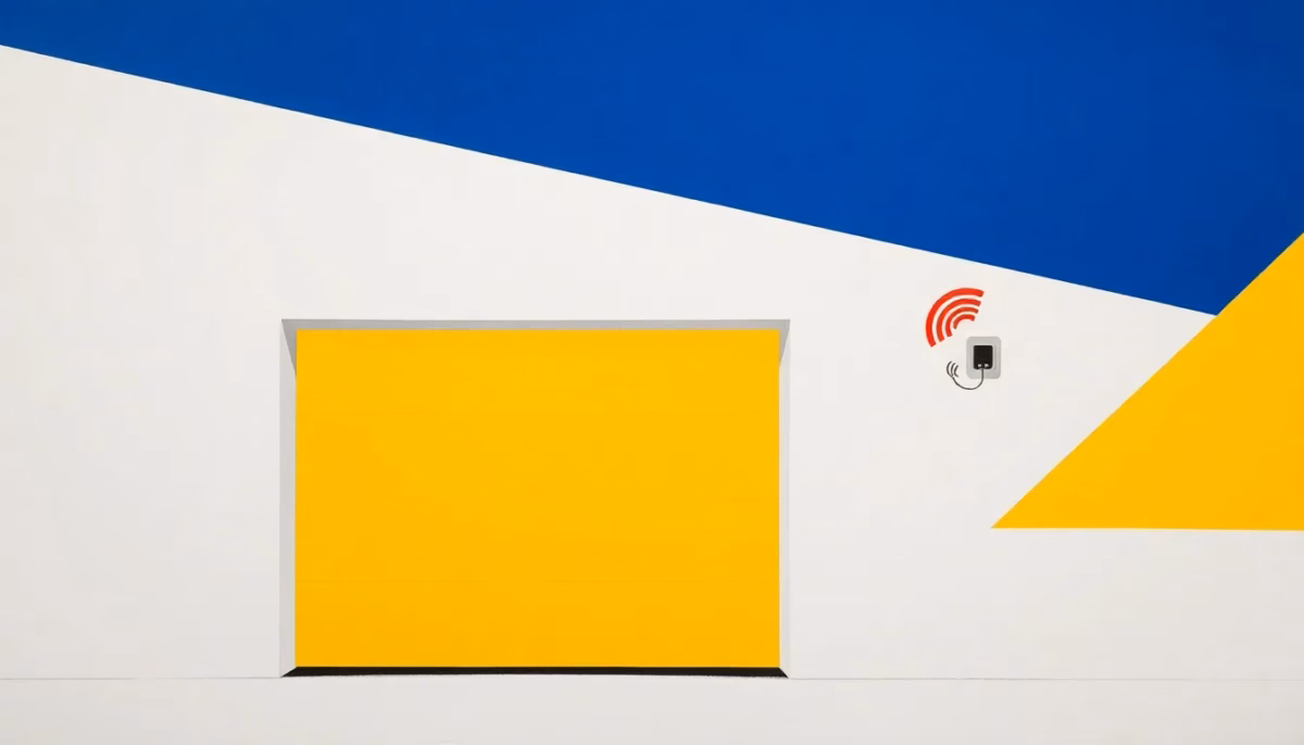 Suprematist abstract painting by Kazimir Malevich featuring an abstract garage door and a wireless magnetic door sensor emitting a signal. Minimalist composition of bold navy blue and vibrant yellow geometric shapes on a stark white background. Flat textures, sharp edges, avant-garde electrical concept. No humans, no text overlay.