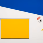 Suprematist abstract painting by Kazimir Malevich featuring an abstract garage door and a wireless magnetic door sensor emitting a signal. Minimalist composition of bold navy blue and vibrant yellow geometric shapes on a stark white background. Flat textures, sharp edges, avant-garde electrical concept. No humans, no text overlay.