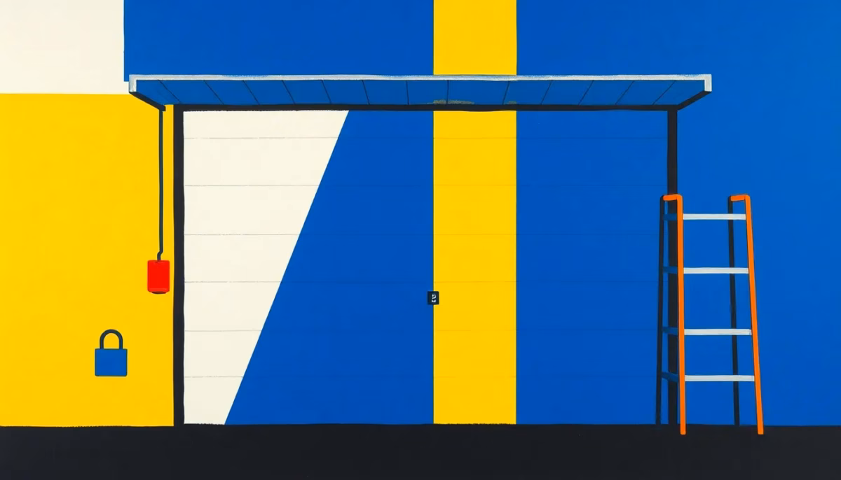 Suprematist abstract painting in the style of Kazimir Malevich showing a garage door equipped with alarm sensors, a heavy padlock and the silhouette of a tool rack. Minimalist composition of bold navy blue and vibrant yellow geometric shapes on a stark white background. Flat textures, sharp edges, avant-garde electrical concept. No humans, no text, no letters, no numbers.