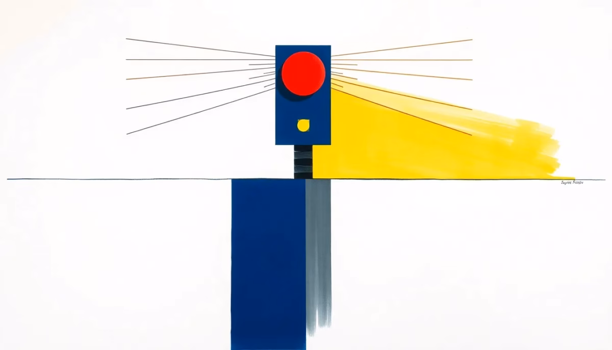 Suprematist abstract painting by Kazimir Malevich featuring a minimalist flood sensor device with radiating alert waves above a geometric waterline. Minimalist composition of bold navy blue and vibrant yellow geometric shapes on a stark white background. Flat textures, sharp edges, avant-garde electrical concept. No humans, no text.