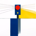 Suprematist abstract painting by Kazimir Malevich featuring a minimalist flood sensor device with radiating alert waves above a geometric waterline. Minimalist composition of bold navy blue and vibrant yellow geometric shapes on a stark white background. Flat textures, sharp edges, avant-garde electrical concept. No humans, no text.