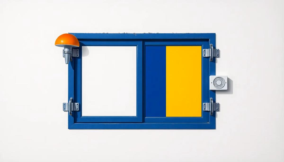 Suprematist abstract painting in the style of Kazimir Malevich featuring a reinforced window frame with mushroom-head locking hardware and a wireless alarm siren. Minimalist composition of bold navy blue and vibrant yellow geometric shapes on a stark white background. Flat textures, sharp edges, avant-garde electrical concept. No humans, no text.