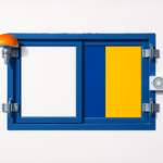 Suprematist abstract painting in the style of Kazimir Malevich featuring a reinforced window frame with mushroom-head locking hardware and a wireless alarm siren. Minimalist composition of bold navy blue and vibrant yellow geometric shapes on a stark white background. Flat textures, sharp edges, avant-garde electrical concept. No humans, no text.