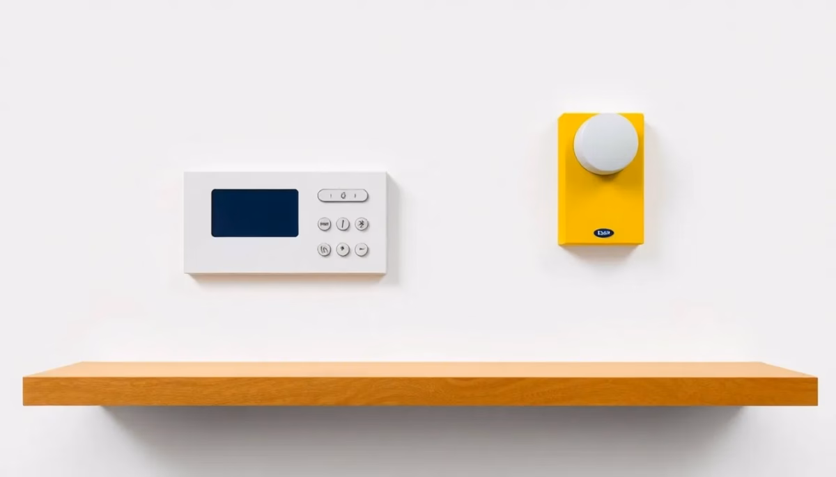 Suprematist abstract painting in the style of Kazimir Malevich representing a wireless home alarm system: a minimalist control panel, a siren and a motion detector reduced to pure geometric forms such as floating squares, rectangles and thin diagonal lines. Minimalist composition of bold navy blue and vibrant yellow geometric shapes on a stark white background, flat matte textures, sharp edges, avant-garde electrical concept, clean negative space, high contrast, no humans, no text, no lettering, no watermark.
