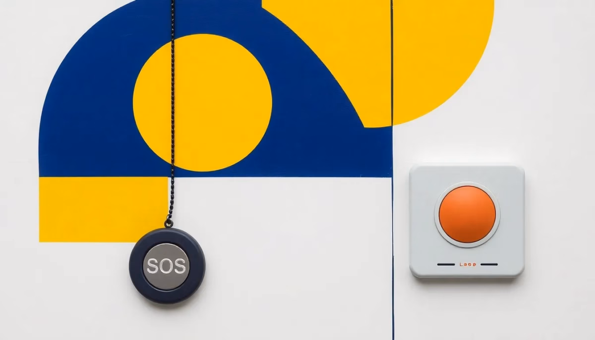 Suprematist abstract painting by Kazimir Malevich featuring a senior teleassistance alarm pendant with a round SOS button and a wireless home alarm base station. Minimalist composition of bold navy blue and vibrant yellow geometric shapes on a stark white background. Flat textures, sharp edges, avant-garde electrical concept. No humans, no text.