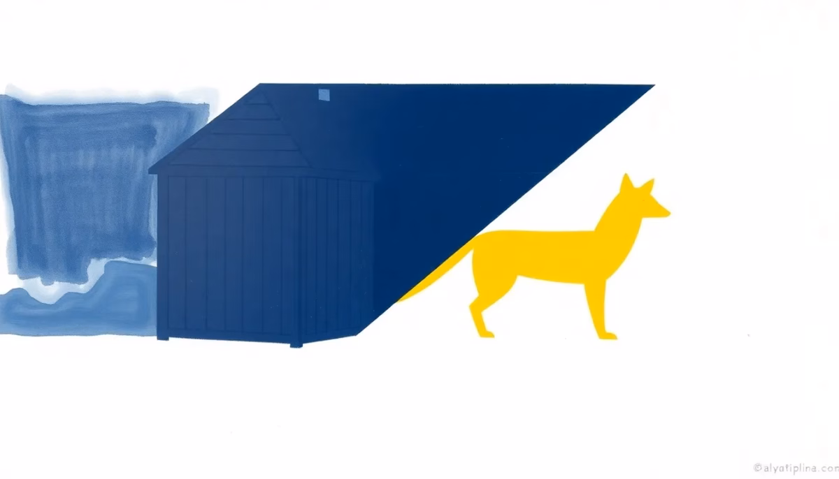 Suprematist abstract painting inspired by Kazimir Malevich, showing a small wooden chicken coop guarded by a geometric alarm beam and a fox silhouette built from sharp triangles. Minimalist composition of bold navy blue and vibrant yellow geometric shapes on a stark white background. Flat textures, sharp edges, avant-garde electrical security concept, clean composition with no text, no letters, no humans.