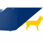 Suprematist abstract painting inspired by Kazimir Malevich, showing a small wooden chicken coop guarded by a geometric alarm beam and a fox silhouette built from sharp triangles. Minimalist composition of bold navy blue and vibrant yellow geometric shapes on a stark white background. Flat textures, sharp edges, avant-garde electrical security concept, clean composition with no text, no letters, no humans.