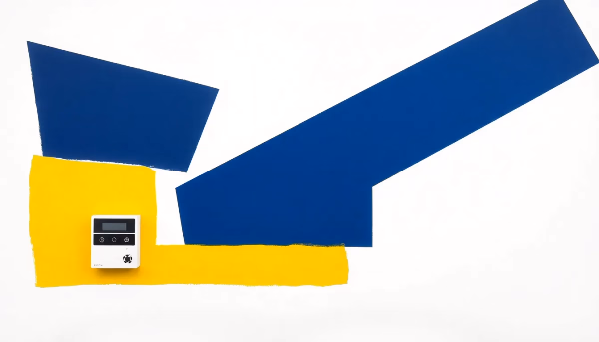 Suprematist abstract painting inspired by Kazimir Malevich, featuring a wireless alarm control panel, a motion sensor and the silhouette of a thick-walled stone house. Minimalist composition of bold navy blue and vibrant yellow geometric shapes on a stark white background. Flat textures, sharp edges, avant-garde electrical concept. No humans, no text, no lettering, no overlay.