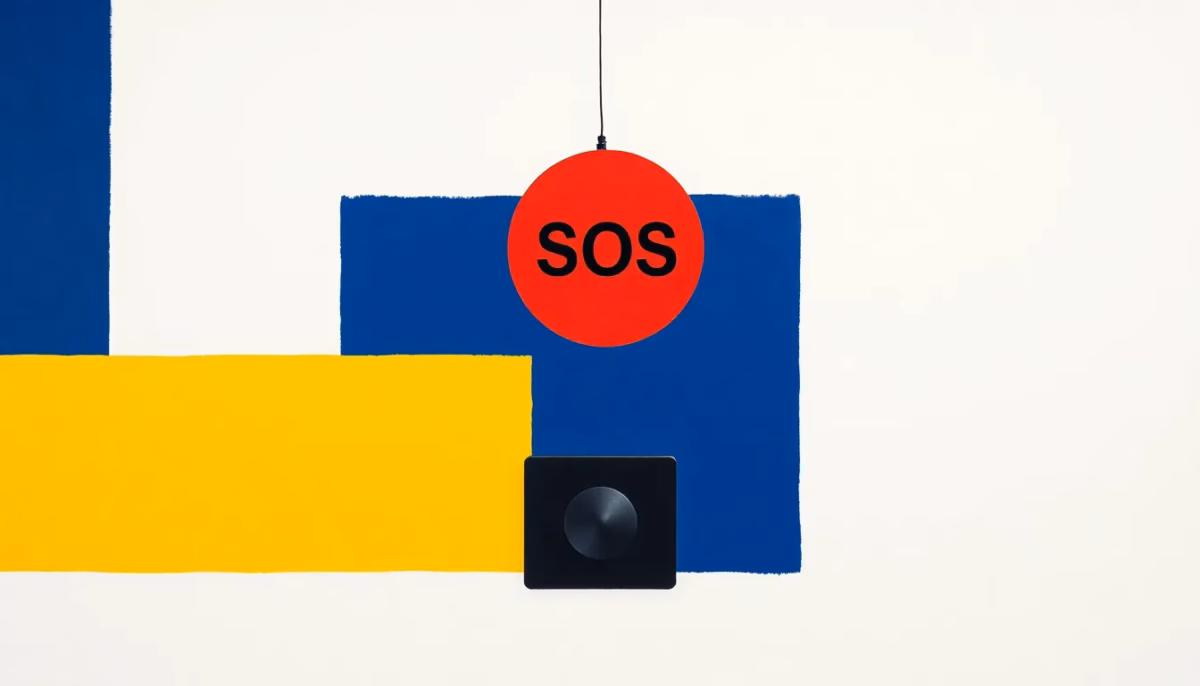 Suprematist abstract painting in the style of Kazimir Malevich: a floating circular SOS pendant on a thin cord above a minimal square alarm base station, bold navy blue and vibrant yellow geometric shapes on a stark white background, flat textures, sharp edges, avant-garde electrical safety concept, minimalist composition, no humans, no text, no lettering, no overlay.