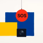 Suprematist abstract painting in the style of Kazimir Malevich: a floating circular SOS pendant on a thin cord above a minimal square alarm base station, bold navy blue and vibrant yellow geometric shapes on a stark white background, flat textures, sharp edges, avant-garde electrical safety concept, minimalist composition, no humans, no text, no lettering, no overlay.