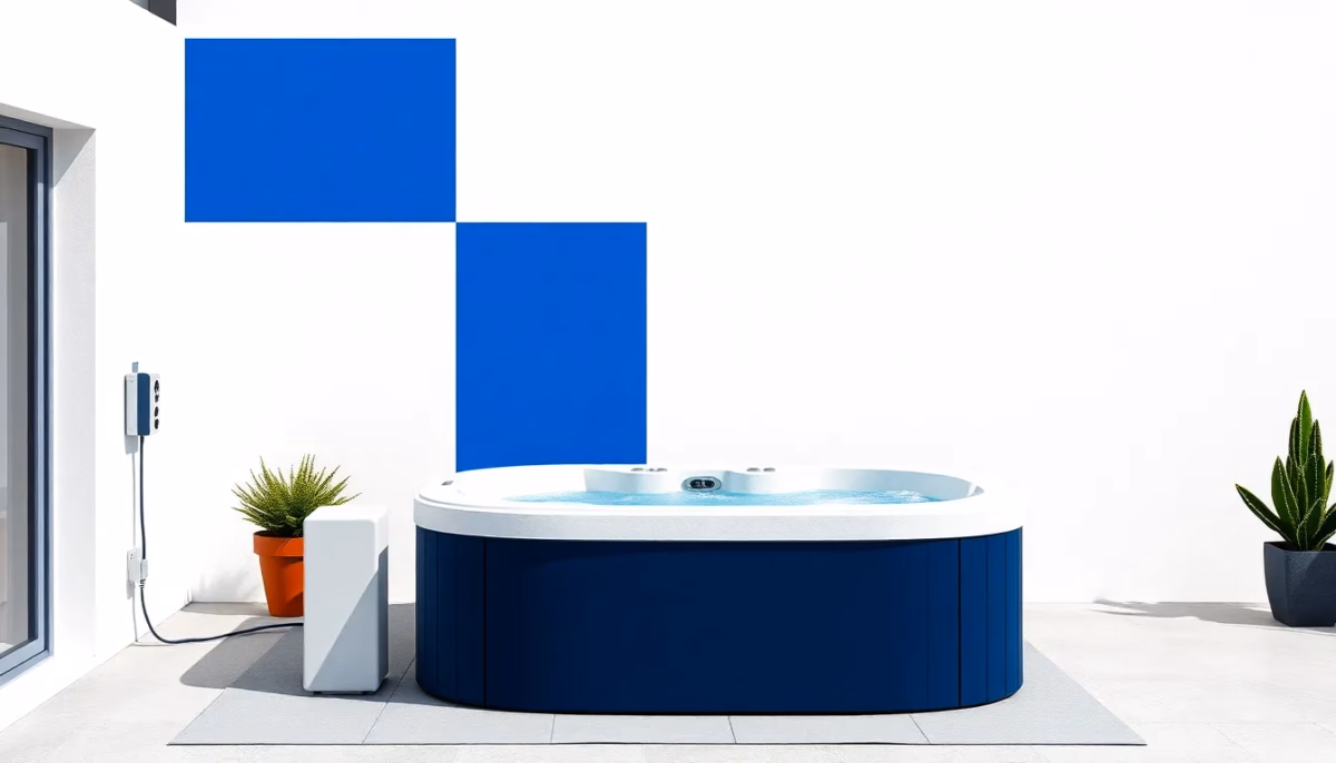 Suprematist abstract painting by Kazimir Malevich featuring an outdoor hot tub installed on a garden terrace with its dedicated electrical supply line and a waterproof IP55 control box. Minimalist composition of bold navy blue and vibrant yellow geometric shapes on a stark white background. Flat textures, sharp edges, avant-garde electrical concept. No humans, no text.
