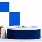 Suprematist abstract painting by Kazimir Malevich featuring an outdoor hot tub installed on a garden terrace with its dedicated electrical supply line and a waterproof IP55 control box. Minimalist composition of bold navy blue and vibrant yellow geometric shapes on a stark white background. Flat textures, sharp edges, avant-garde electrical concept. No humans, no text.