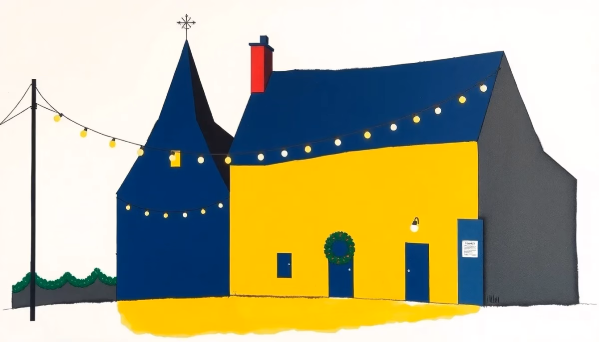 Suprematist abstract painting by Kazimir Malevich featuring a small French village square powered by strings of Christmas lights, geometric shapes evoking rooftops, a steeple, festoon garlands, glowing bulbs and an electrical distribution box. Minimalist composition of bold navy blue and vibrant yellow geometric shapes on a stark white background. Flat textures, sharp edges, avant-garde electrical concept. No humans, no text.