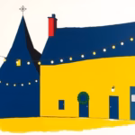 Suprematist abstract painting by Kazimir Malevich featuring a small French village square powered by strings of Christmas lights, geometric shapes evoking rooftops, a steeple, festoon garlands, glowing bulbs and an electrical distribution box. Minimalist composition of bold navy blue and vibrant yellow geometric shapes on a stark white background. Flat textures, sharp edges, avant-garde electrical concept. No humans, no text.