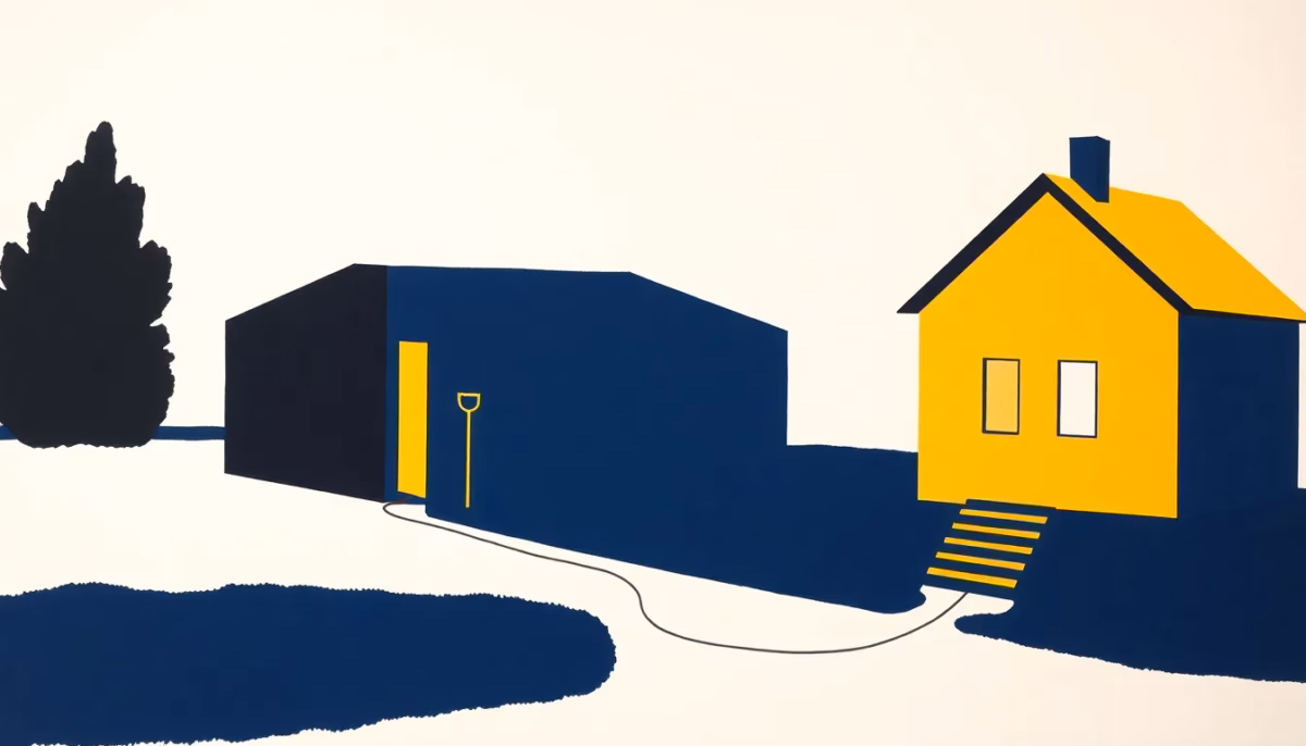 Suprematist abstract painting by Kazimir Malevich featuring a garden outbuilding connected to a main house by a single thick electrical cable. Minimalist composition of bold navy blue and vibrant yellow geometric shapes on a stark white background. Flat textures, sharp edges, avant-garde electrical concept. No humans, no text.