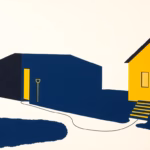 Suprematist abstract painting by Kazimir Malevich featuring a garden outbuilding connected to a main house by a single thick electrical cable. Minimalist composition of bold navy blue and vibrant yellow geometric shapes on a stark white background. Flat textures, sharp edges, avant-garde electrical concept. No humans, no text.