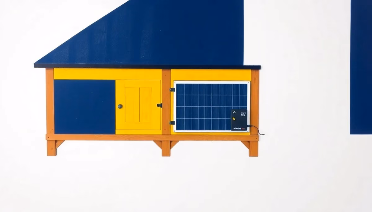 Suprematist abstract painting by Kazimir Malevich featuring a small wooden chicken coop with a solar panel and a 12 V battery box. Minimalist composition of bold navy blue and vibrant yellow geometric shapes on a stark white background. Flat textures, sharp edges, avant-garde electrical concept. No humans, no text.