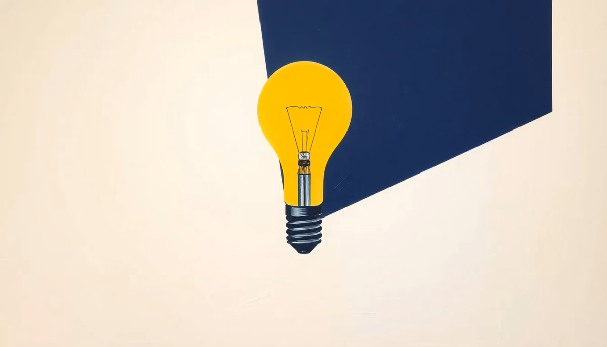 Suprematist abstract painting inspired by Kazimir Malevich, featuring a minimalist light bulb emitting geometric rays of light, bold navy blue and vibrant yellow geometric shapes on a stark white background, flat textures, sharp edges, avant-garde electrical concept, clean composition, no humans, no text overlay.