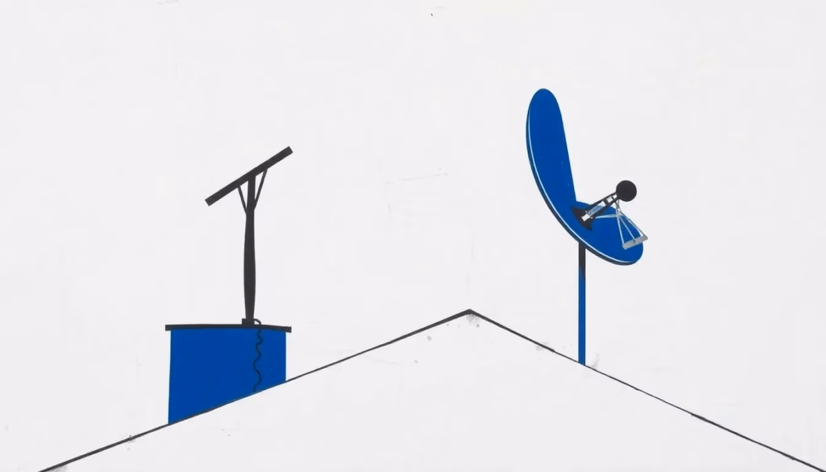 Suprematist abstract painting in the style of Kazimir Malevich featuring a bent rooftop TV antenna mounted on a brick chimney and a tilted satellite dish after a storm. Minimalist composition of bold navy blue and vibrant yellow geometric shapes on a stark white background. Flat textures, sharp edges, avant-garde electrical concept. No humans, no text overlay.