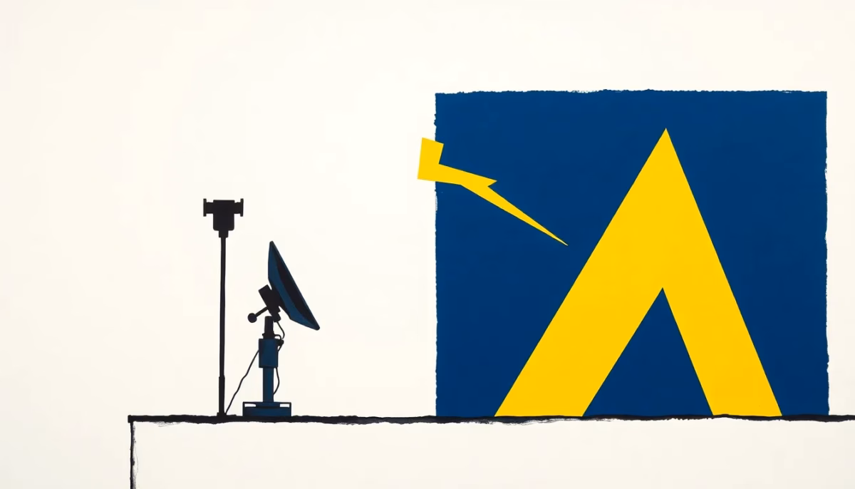 Suprematist abstract painting in the style of Kazimir Malevich featuring a rooftop TV antenna and a satellite dish facing a stylized lightning bolt. Minimalist composition of bold navy blue and vibrant yellow geometric shapes on a stark white background. Flat textures, sharp edges, avant-garde electrical concept. No humans, no text, no lettering, no overlay.
