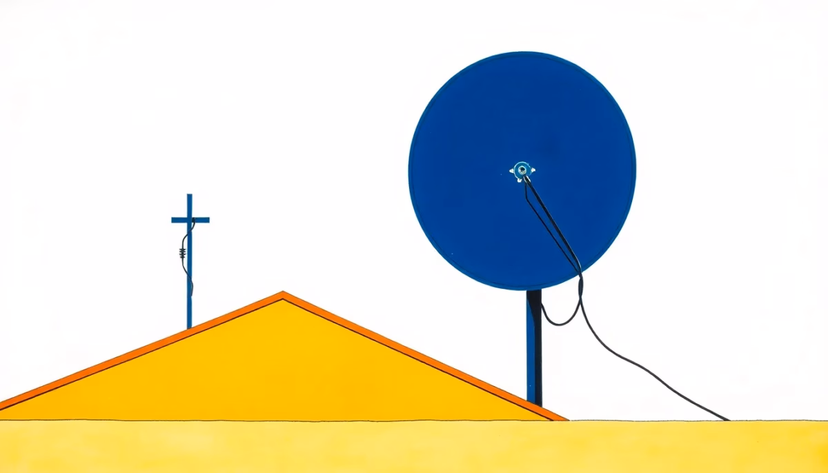 Suprematist abstract painting in the style of Kazimir Malevich featuring a satellite dish and a rooftop TV antenna linked by a coaxial cable. Minimalist composition of bold navy blue and vibrant yellow geometric shapes on a stark white background. Flat textures, sharp edges, avant-garde electrical concept, clean geometric lines, high contrast. No humans, no text, no lettering, no watermark, no overlay, no logo.