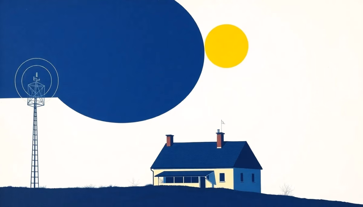 Suprematist abstract painting by Kazimir Malevich featuring a rooftop television antenna and geometric signal waves above a rural Normandy farmhouse. Minimalist composition of bold navy blue and vibrant yellow geometric shapes on a stark white background. Flat textures, sharp edges, avant-garde electrical concept. No humans, no text.