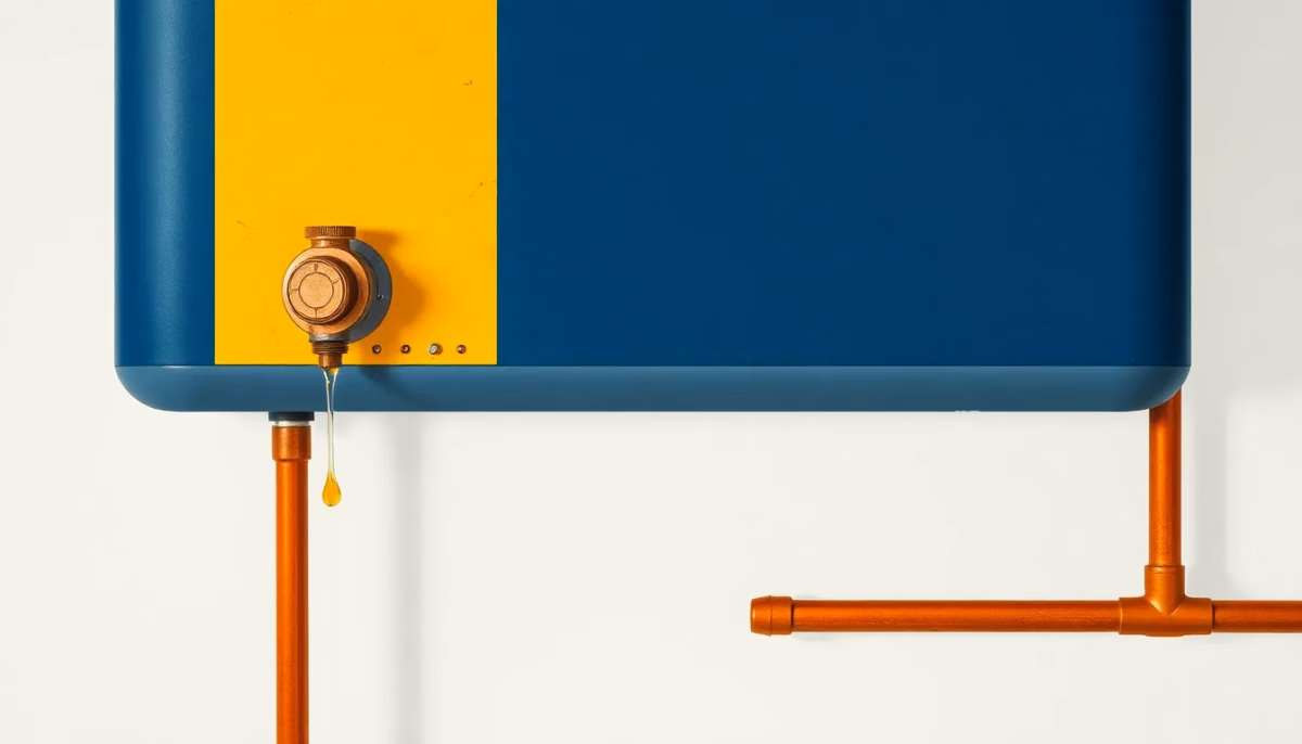 Suprematist abstract painting by Kazimir Malevich featuring a limescale-crusted water heater tank with a dripping safety valve and geometric copper pipes. Minimalist composition of bold navy blue and vibrant yellow geometric shapes on a stark white background. Flat textures, sharp edges, avant-garde electrical concept. No humans, no text, no lettering, no overlay, no watermark.