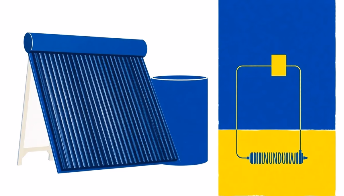 Suprematist abstract painting by Kazimir Malevich featuring a flat solar thermal collector panel, a cylindrical hot water tank and a stylized electric heating resistor coil connected by thin geometric conduits. Minimalist composition of bold navy blue and vibrant yellow geometric shapes on a stark white background. Flat textures, sharp edges, avant-garde electrical concept. No humans, no text.