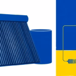 Suprematist abstract painting by Kazimir Malevich featuring a flat solar thermal collector panel, a cylindrical hot water tank and a stylized electric heating resistor coil connected by thin geometric conduits. Minimalist composition of bold navy blue and vibrant yellow geometric shapes on a stark white background. Flat textures, sharp edges, avant-garde electrical concept. No humans, no text.