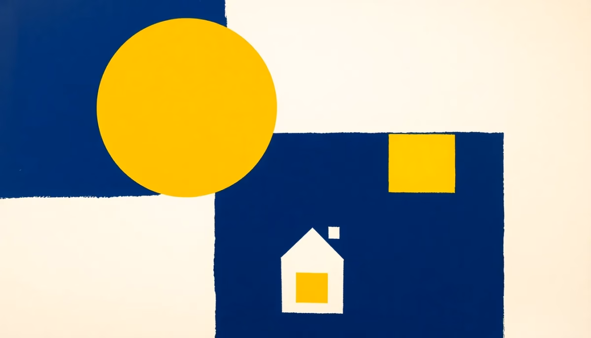 Suprematist abstract painting in the style of Kazimir Malevich depicting a domestic home battery storing sunlight for evening use: a bold yellow circle representing the sun enters a navy blue rectangular block representing the battery, and a smaller glowing yellow square shines above a white house silhouette at night. Minimalist composition of bold navy blue and vibrant yellow geometric shapes on a stark white background. Flat textures, sharp edges, avant-garde electrical concept. No humans, no text, no lettering, no overlay.