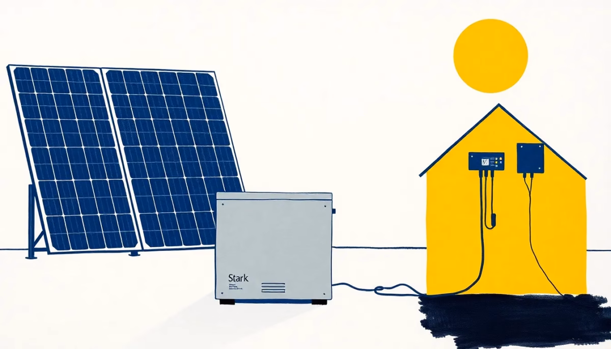 Suprematist abstract painting by Kazimir Malevich style featuring a solar battery storage unit beside photovoltaic panels and a house electrical circuit. Minimalist composition of bold navy blue and vibrant yellow geometric shapes on a stark white background. Flat textures, sharp edges, avant-garde electrical concept. No humans, no text, no letters, no numbers, no logos.