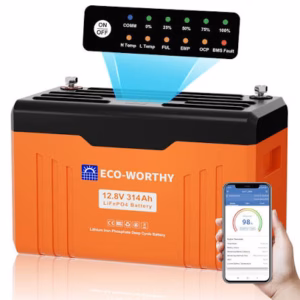 24 kWh | Batterie LiFePO4 ECO-WORTHY 12V 314Ah Bluetooth | Onduleur site isolé pur sinus ECO-WORTHY 2000VA 12V vers 230V | Kit solaire chalet ROCKSOLAR 1000 W 12 V