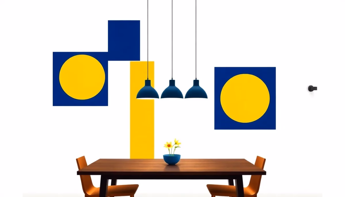 Suprematist abstract painting in the style of Kazimir Malevich featuring a trio of hanging pendant lamps above a dining table, flanked by recessed ceiling spotlights and a minimalist wall sconce. Minimalist composition of bold navy blue and vibrant yellow geometric shapes on a stark white background. Flat textures, sharp edges, avant-garde lighting concept. No humans, no text overlay.