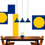 Suprematist abstract painting in the style of Kazimir Malevich featuring a trio of hanging pendant lamps above a dining table, flanked by recessed ceiling spotlights and a minimalist wall sconce. Minimalist composition of bold navy blue and vibrant yellow geometric shapes on a stark white background. Flat textures, sharp edges, avant-garde lighting concept. No humans, no text overlay.