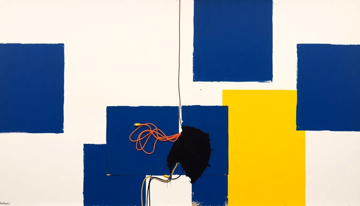 Suprematist abstract painting in the style of Kazimir Malevich, featuring a cracked electrical junction box with tangled wires and a dark scorch mark. Minimalist composition of bold navy blue and vibrant yellow geometric shapes on a stark white background. Flat textures, sharp edges, avant-garde electrical concept, high contrast, clean vector-like finish. No humans, no people, no hands, no text, no lettering, no numbers, no watermark, no logo.